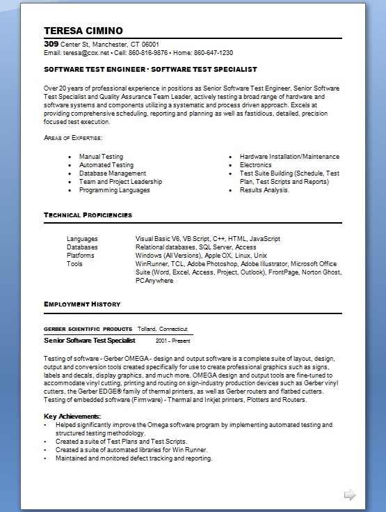 Software Tester Best Resume Format in Word Free Download