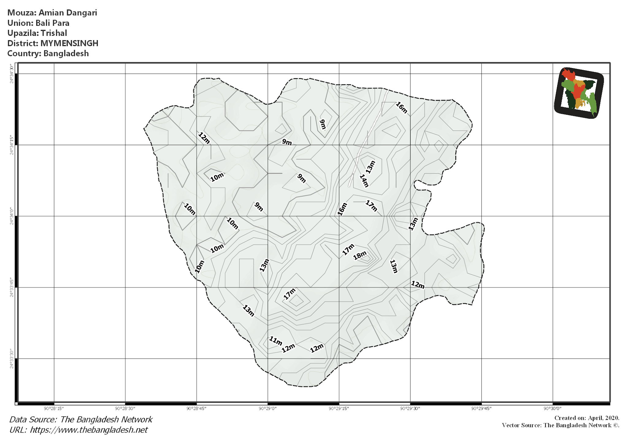 Map of Amian Dangari Mouza of Trishal Upazila, MYMENSINGH, Bangladesh.