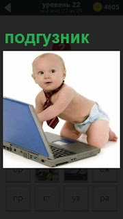 маленький ребенок в подгузнике пытается залезть в открытый ноутбук с галстуком на шее 
