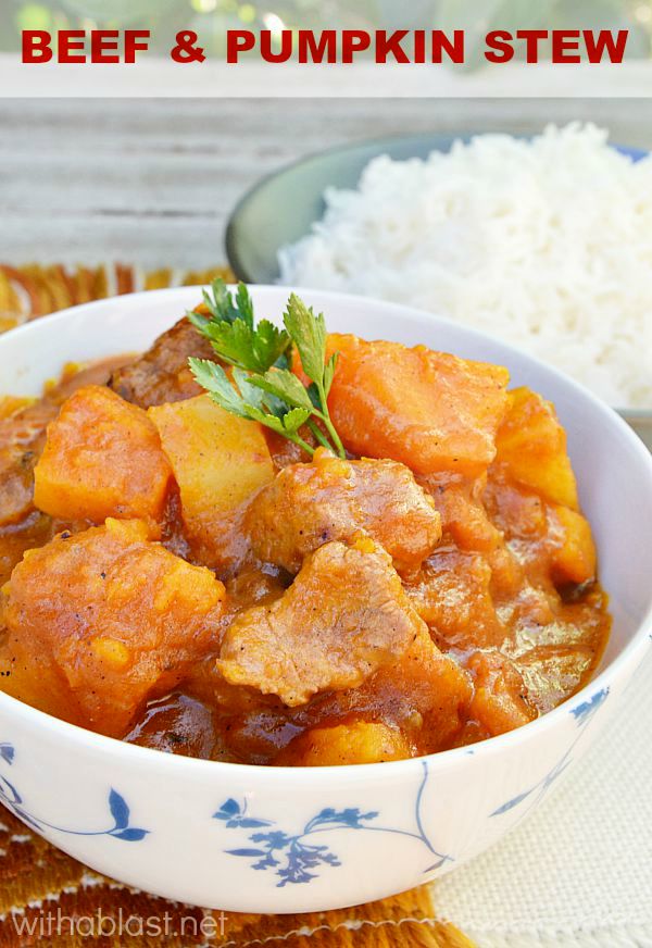 Beef and Pumpkin Stew is the best comfort food ever on a cold day - delicious combination with potatoes, tomatoes and a hint of thyme