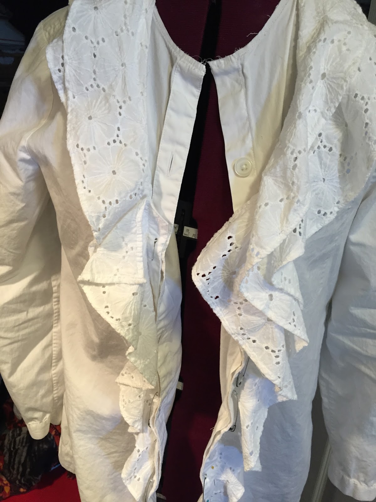 Refashioning a White Button Front Shirt with a Ruffled White Eyelet Collar