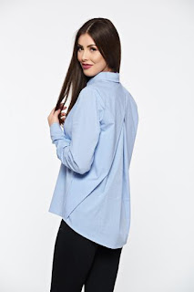 Camasa dama PrettyGirl albastra casual din bumbac cu croi larg2