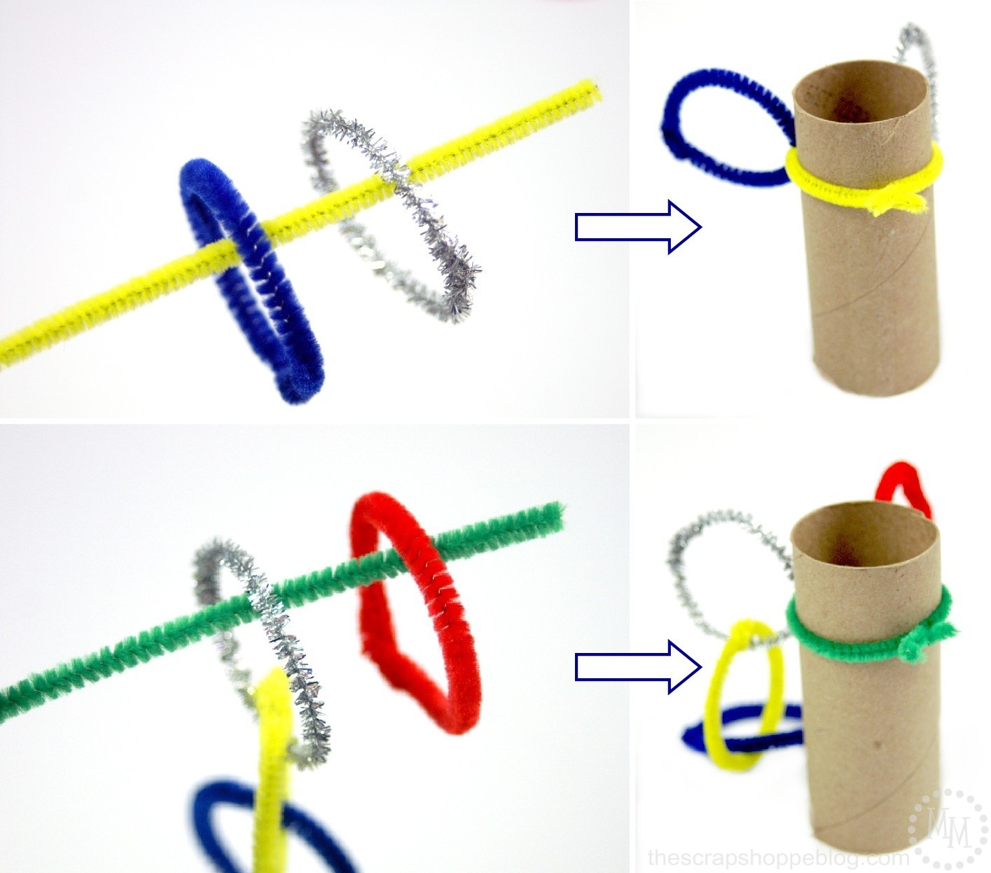 connect chenille stem rings to create Olympic rings