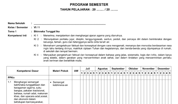 Download Program Semester PROMES Kelas 6 SD Kurikulum 2013