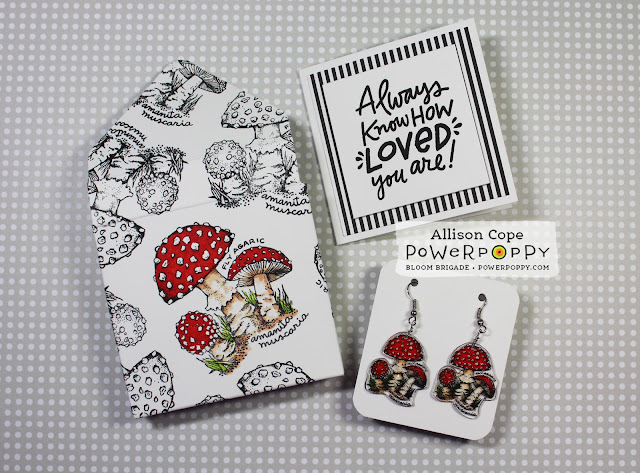 Little Mushroom Earring Gift Set by Allison Cope featuring the "Wild Mushrooms" & "M-Powering Words" stamp sets from Power Poppy. Copic Markers. Shrink Plastic.