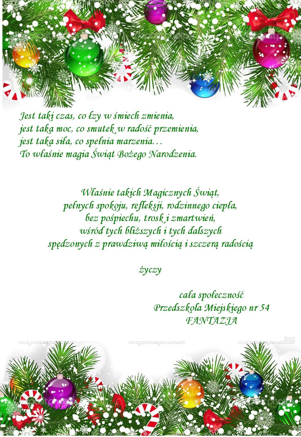Przedszkole Nr 54 &quot;FANTAZJA&quot;: ŻYCZENIA ŚWIĄTECZNE