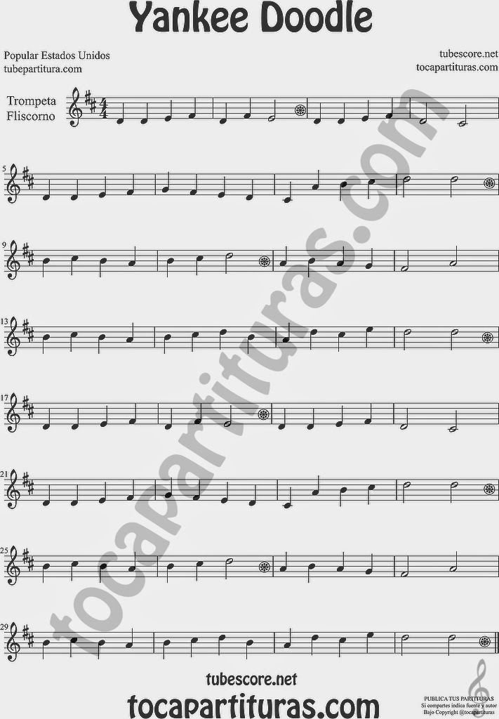  Yankee Doodle Partitura de Trompeta y Fliscorno Sheet Music for Trumpet and Flugelhorn Music Scores