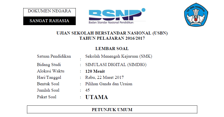 Download Soal USBN Simulasi Digital SMK 2017 Beserta Kunci