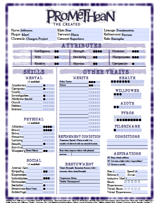 one thing at a time character creation promethean the created world of darkness character sheet
