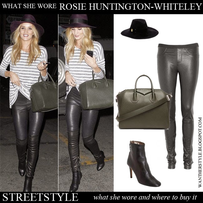 WHAT SHE WORE: Rosie Huntington-Whiteley in stripe top with leather ...