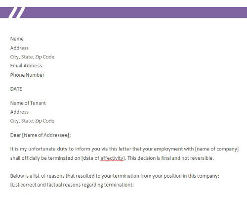 Employee Termination Letter Employee Termination Letter