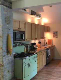 Vintage restored green Chambers stove model BZ in funky kitchen in Three Oaks, Michigan near New Buffalo