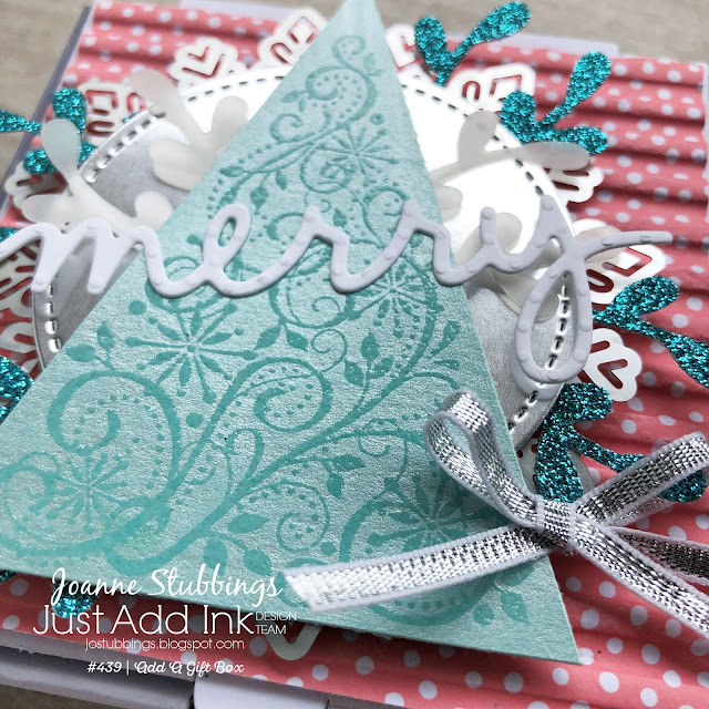 Jo's Stamping Spot - Just Add Ink Challenge #439 using Snow Swirled, Mini Pizza Boxes and Christmas Greetings thinlits by Stampin' Up!