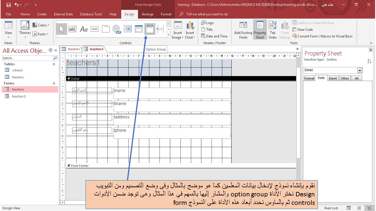 إضافة مجموعة خيارات option group من مجموعة الأدوات controls في برنامج الاكسيس Ms access مدرسة
