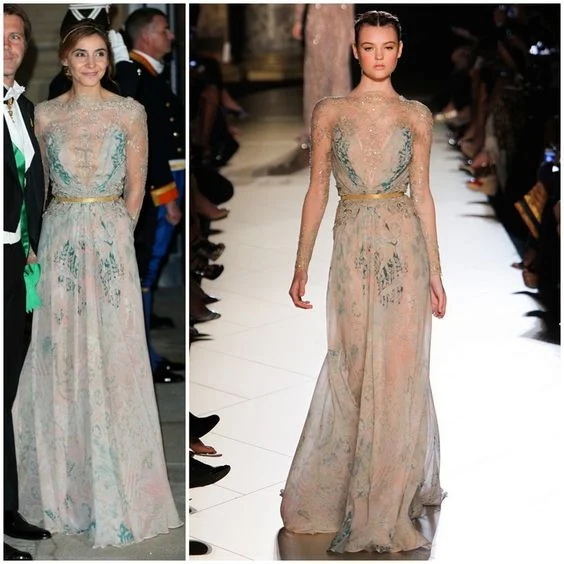 Princess Clotilde of Savoy wore Elie Saab Fall 2012 Couture printed gown with a lace embroidered overly which was accented with a gold belt