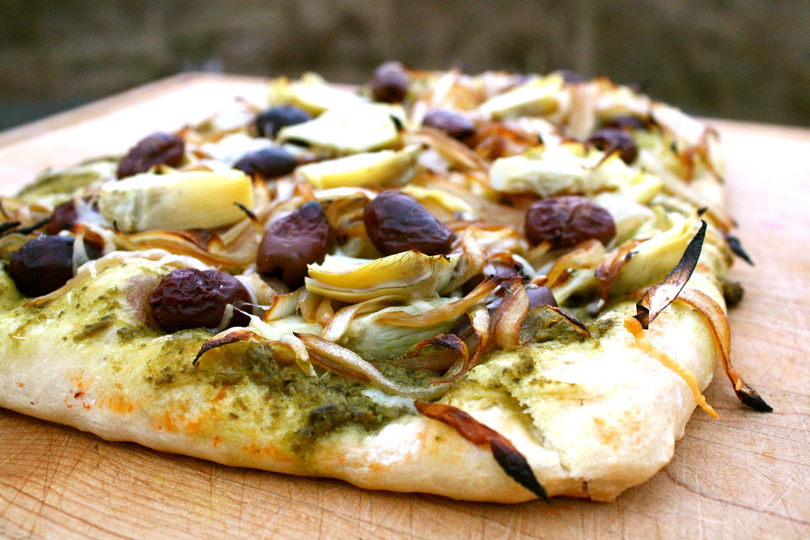 Owl at Home Pesto Pizza with Artichoke Hearts, Kalamata Olives