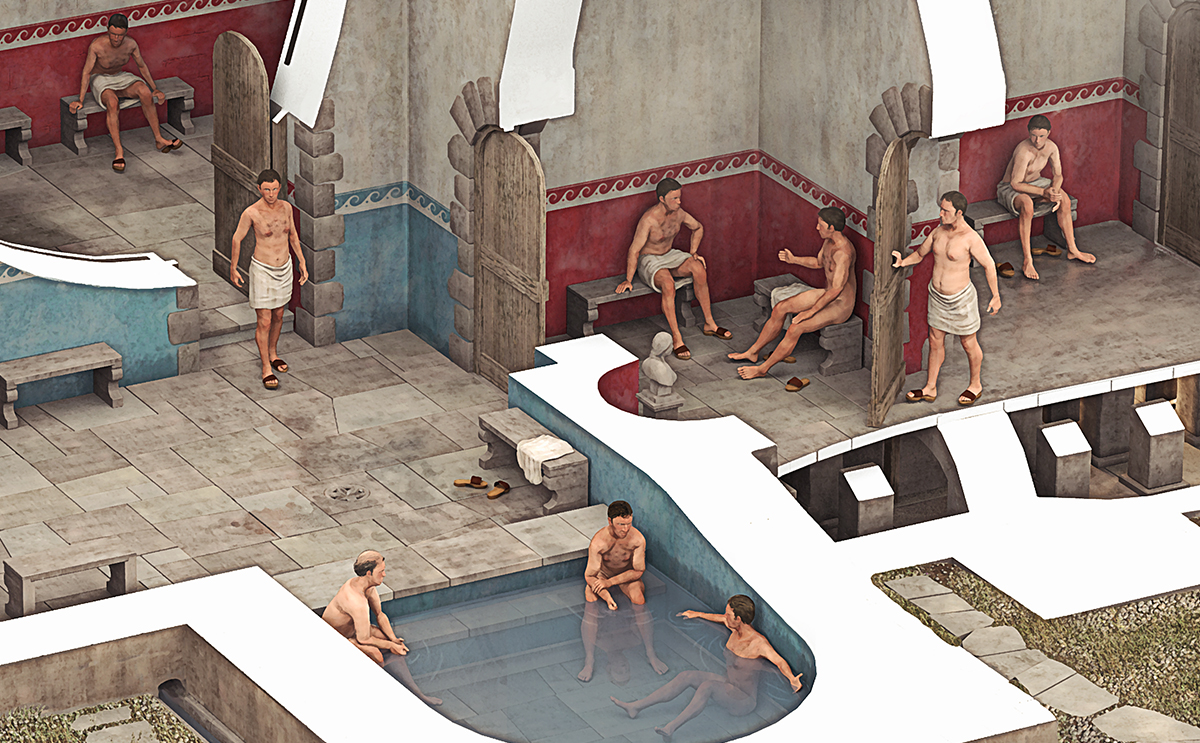Figures depicted in my cutaway reconstruction of a Roman bath house. 
