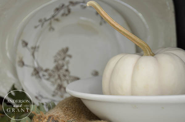 Simple display for fall with a collection of ironstone and brown transferware.  |  www.andersonandgrant.com