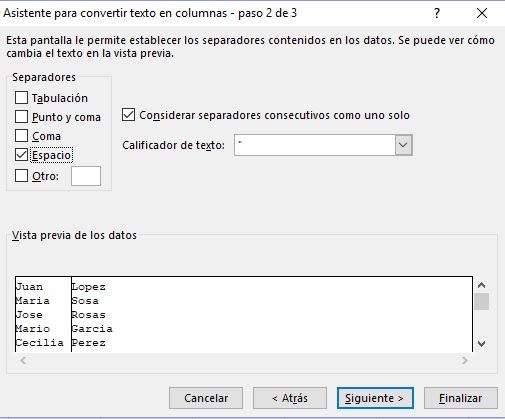 Asistente para convertir texto en columnas Microsoft Excel