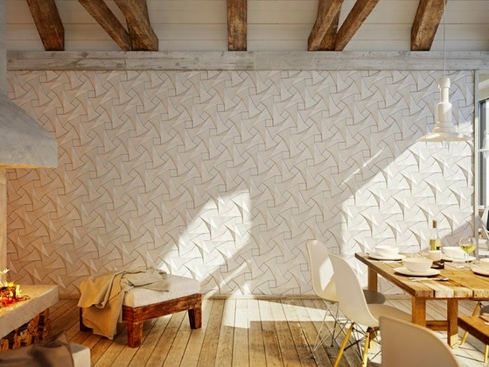 Design of dinning room with 3D decorative wall panels from fiber