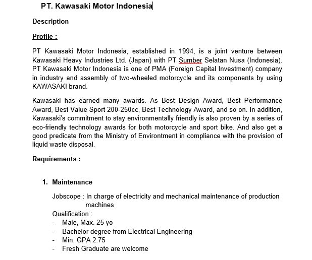 4 Lowongan Kerja PT Kawasaki Motor Indonesia Fresh Graduate