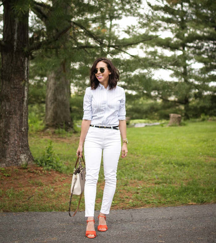 How to style a classic button down | A.Viza Style | Loft white jeans - banana republic button down - banana republic fringe orange heels - office style