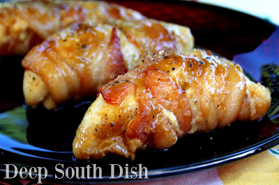 Boneless, skinless or bone-in chicken breasts, simply seasoned, wrapped in bacon and rubbed with brown sugar.