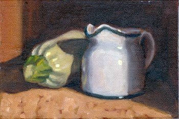 Oil painting of a small white porcelain milk jug casting a shadow on a large white zucchini.
