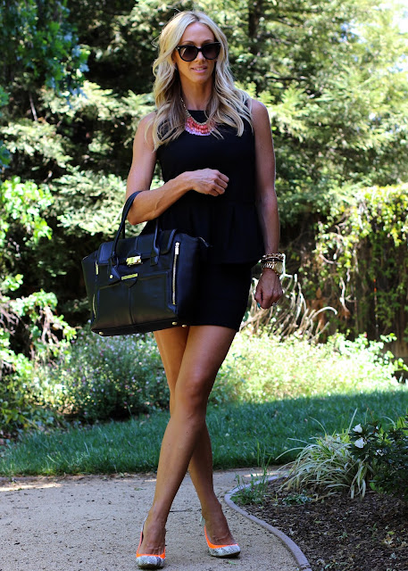 black peplum top black skirt