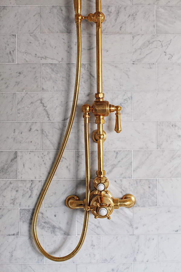 Dreamy Whites Master Bathroom Makeover with Unlacquered Brass Rohl Faucets
