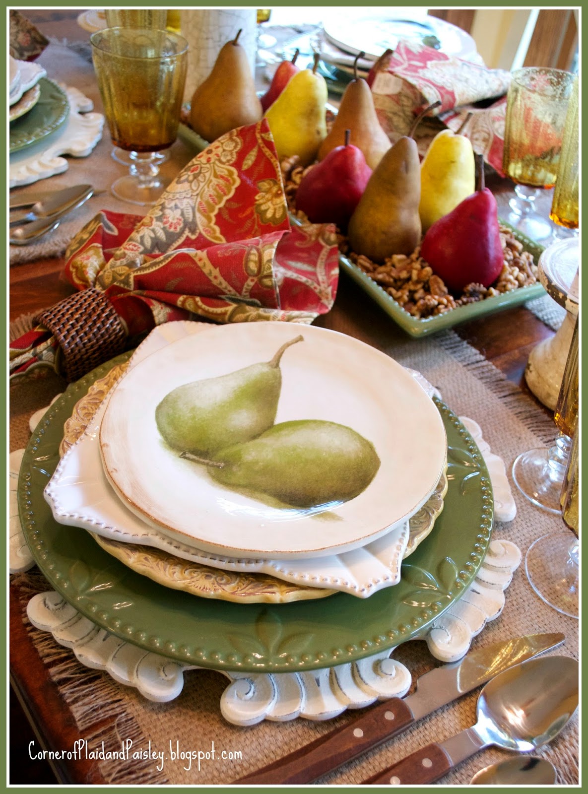 Pear Tablescape- the start of Fall - Corner of Plaid and Paisley