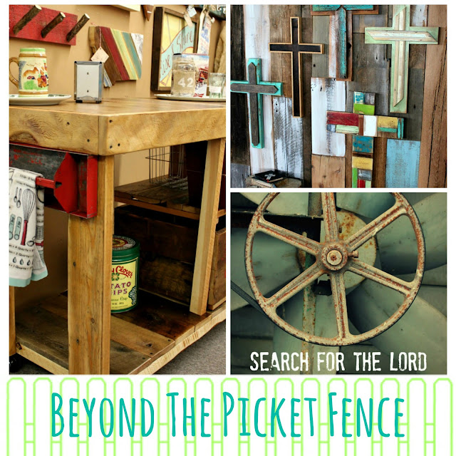 Beyond the Picket Fence reclaimed wood island, rustic crosses, inspiring verse