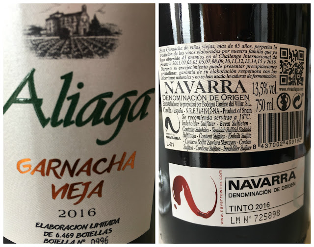 Etiqueta y contraetiqueta de la garnacha vieja de Aliaga 2016