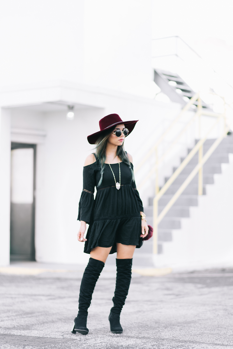 guess, boho, over the knee boots, lord and taylor, free people, burgundy hat, capwell, forever 21, round sunglasses, coordinates, miami, miami fashion blogger, 