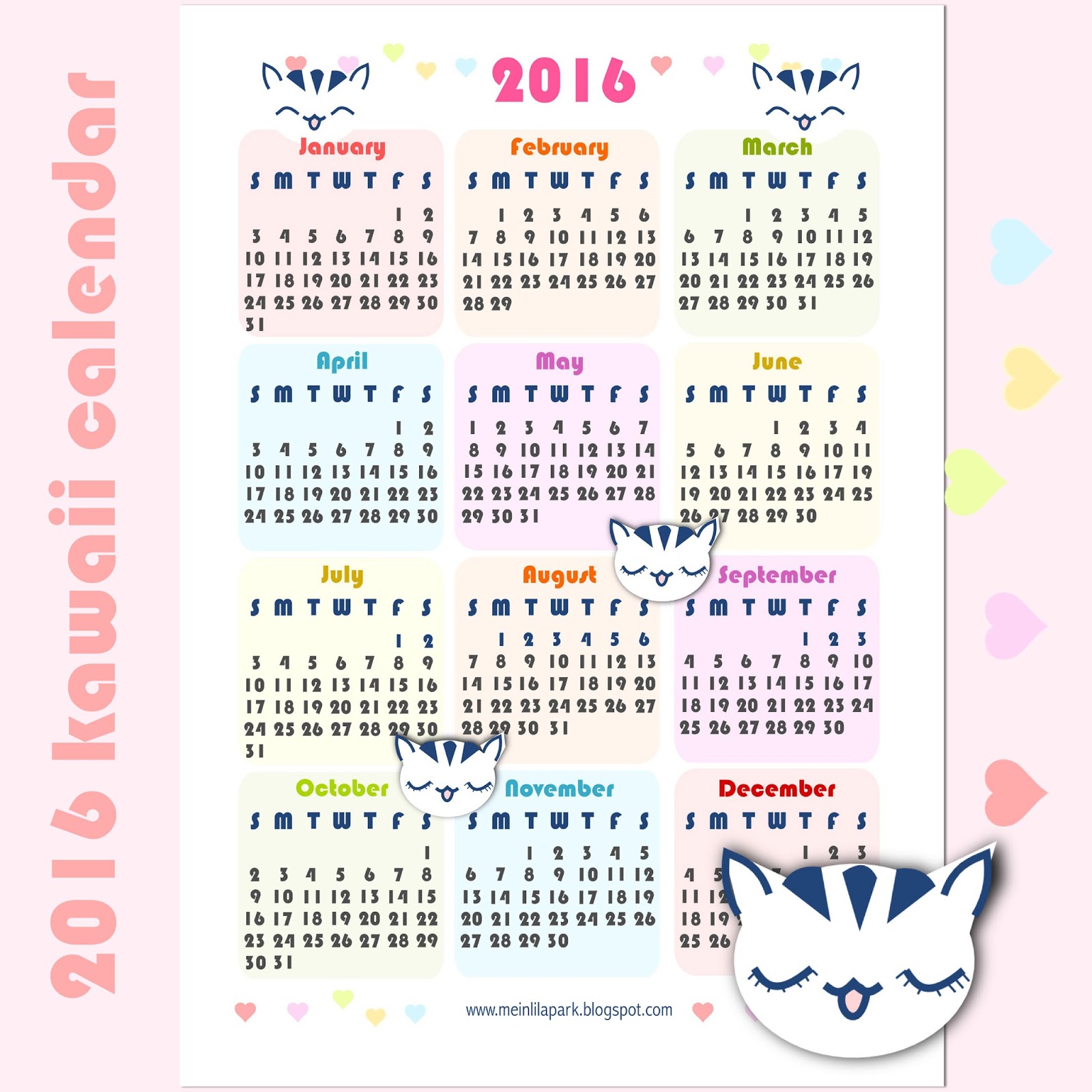 Ploeg nationalisme Kruik Free printable 2016 kawaii calendar - ausdruckbarer Kalender 2016 - freebie