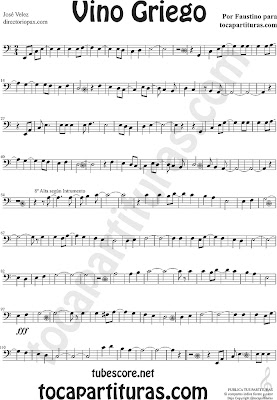 1 Partituras  de Vino Griego en Clave de Fa en Cuarta línea. Partitura de Trombón, Chelo, Fagot, Tuba Elicón, Bombardino... Sheet Music for Trombone, Cello, Bassoon, Tube, Euphonium in Bass Clef F Music Scores