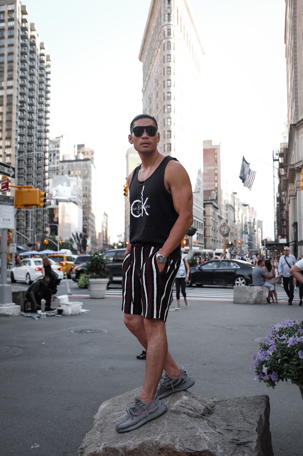Wearing Calvin Klein Logo Tank Top, Bold Stripe ASOS Shorts, Yeezy Boost | Asian Male Model and Blogger