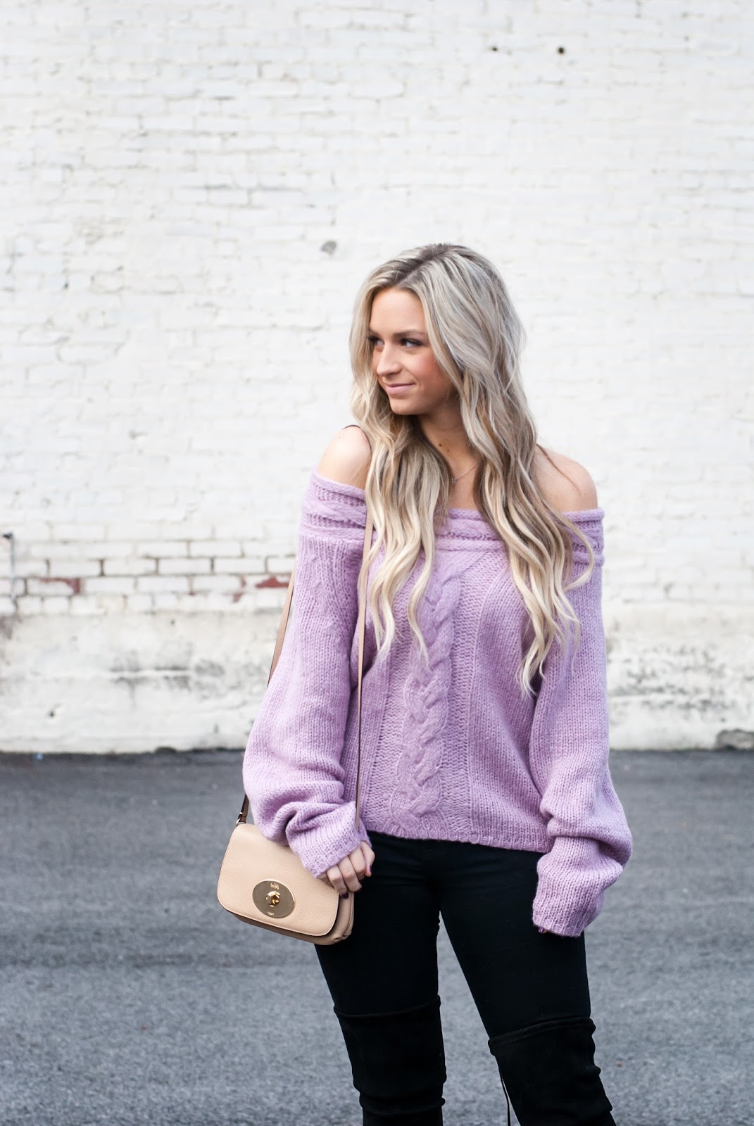 Purple Off The Shoulder Sweater with SHEIN Luxe Be A Lady