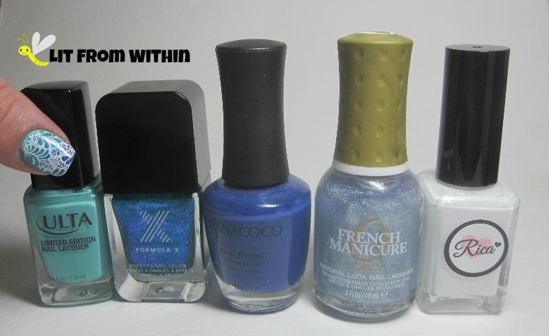 Bottle shot:  Ulta Mint Condition, Sephora X PhotoElectric, Nanacoco My Prince, Orly Etoile, and Rica Whiteout.
