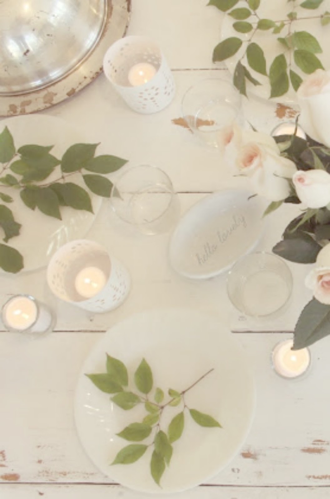 Pale pink, green, white, and gold romantic feminine tablescape with roses by Hello Lovely Studio