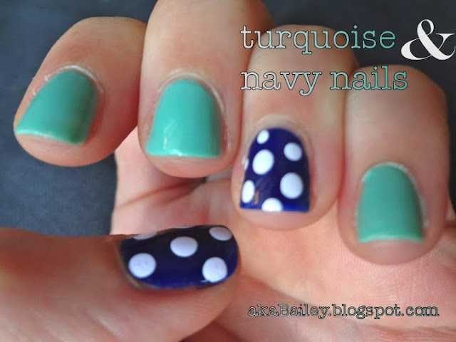 turquoise and navy nail polish, white polka dots