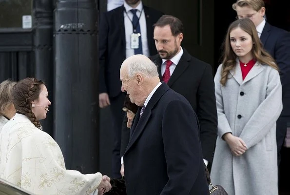 Queen Sonja, Princess Ingrid Alexandra and Prince Sverre Magnus. Crown Princess Mette-Marit wore Red Valentino floral jacquard coat