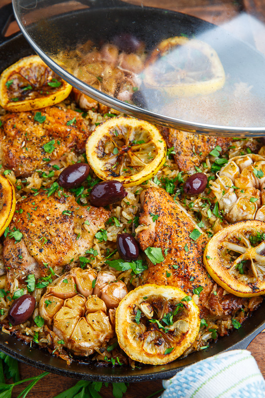 One Pan Greek Lemon Chicken Rice with Roast Garlic Recipe on Closet Cooking