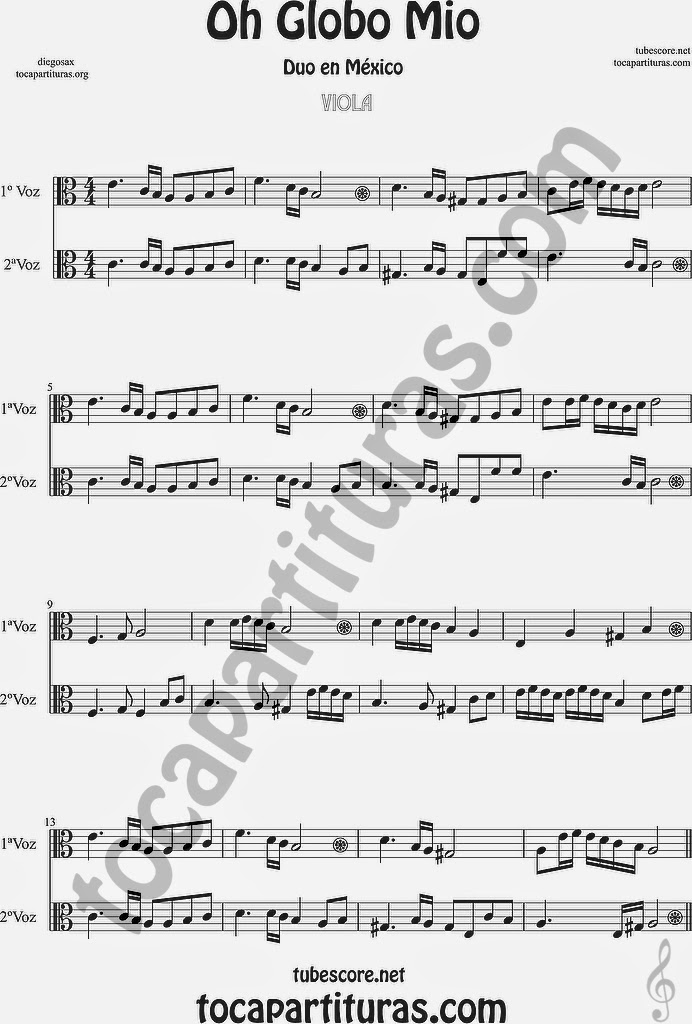 Oh Globo Mio Partitura de en Clave de  Do para Viola y otros instrumentos en Clave de Do en 3º Línea Sheet Music for Viola in C Clef Music Scores 
