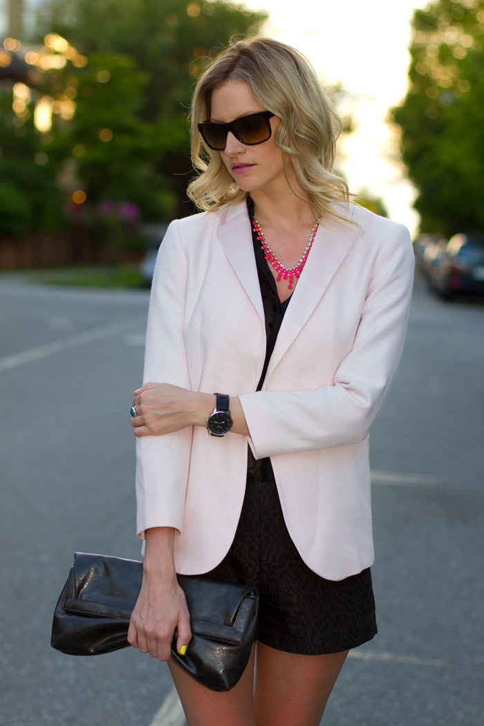 Vancouver Fashion Blogger, Alison Hutchinson, wearing H&M pink blazer, Zara Black Polka Dot Blouse, H&M Neon Pink Necklace, Zara Shorts, Zara Black Heels