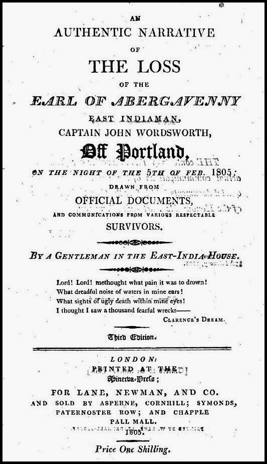 Frontispiece of one of several pamphlets issued about the sinking  of the Earl of Abergavenny 