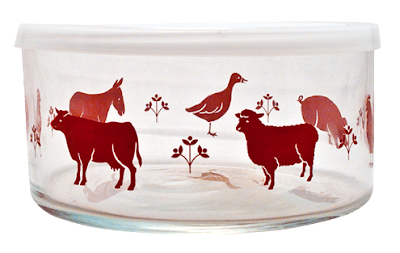glass food storage bowl, with farm animal design