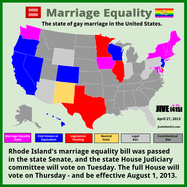 The state of gay marriage in the United States as of April 27th, 2013 by jiveinthe415.com.