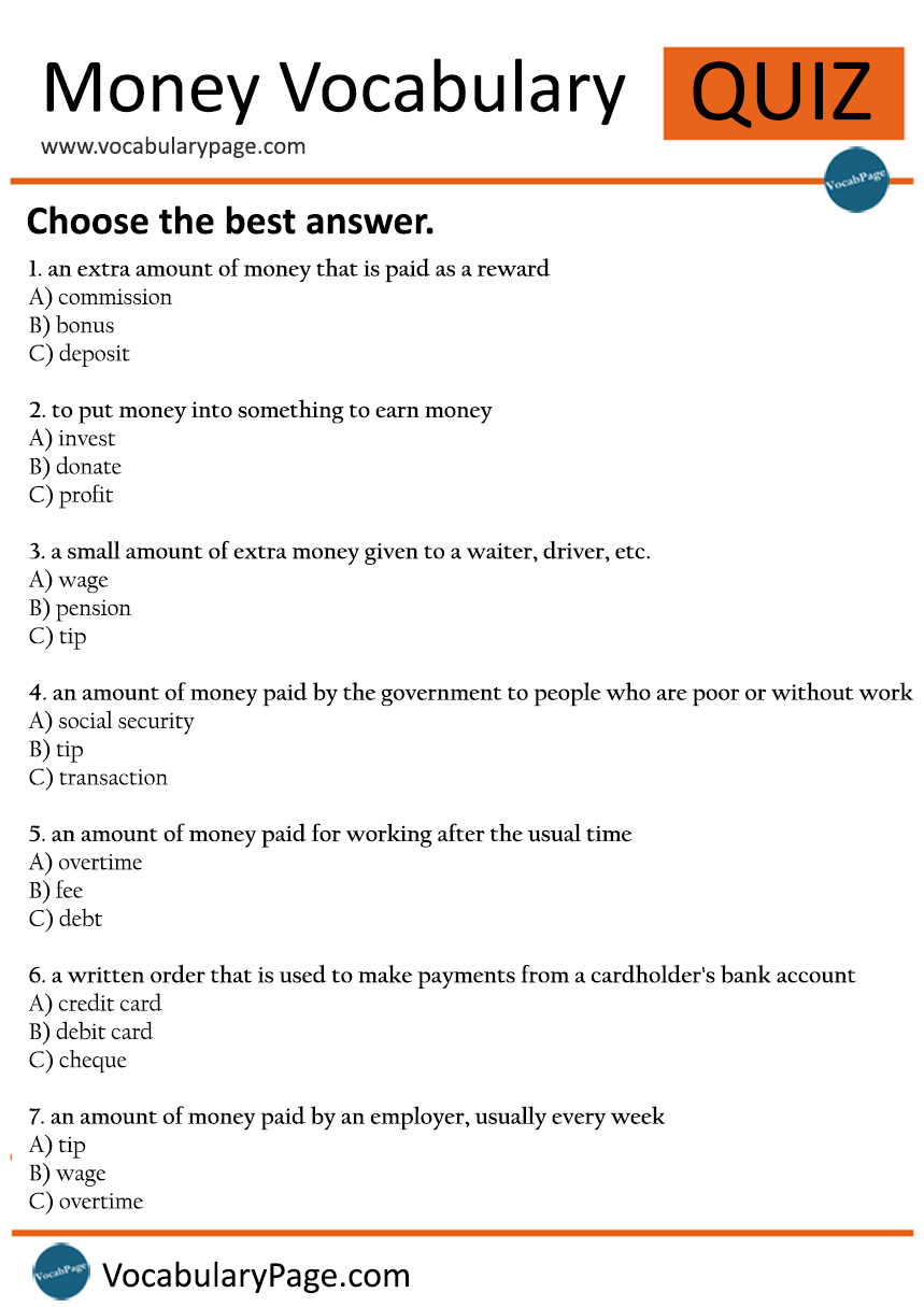 Money Vocabulary Quiz