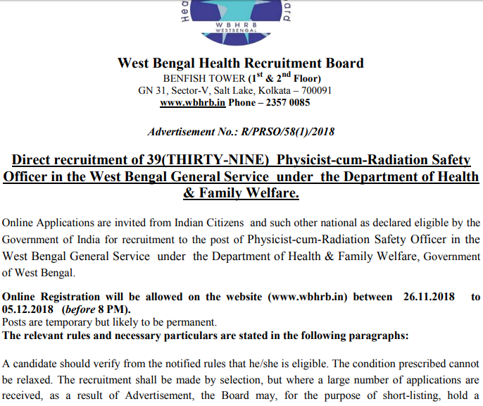 WBHRB RECRUITMENT 2018 APPLY FOR 39 PHYSICIST CUM RADIATION SAFETY OFFICER